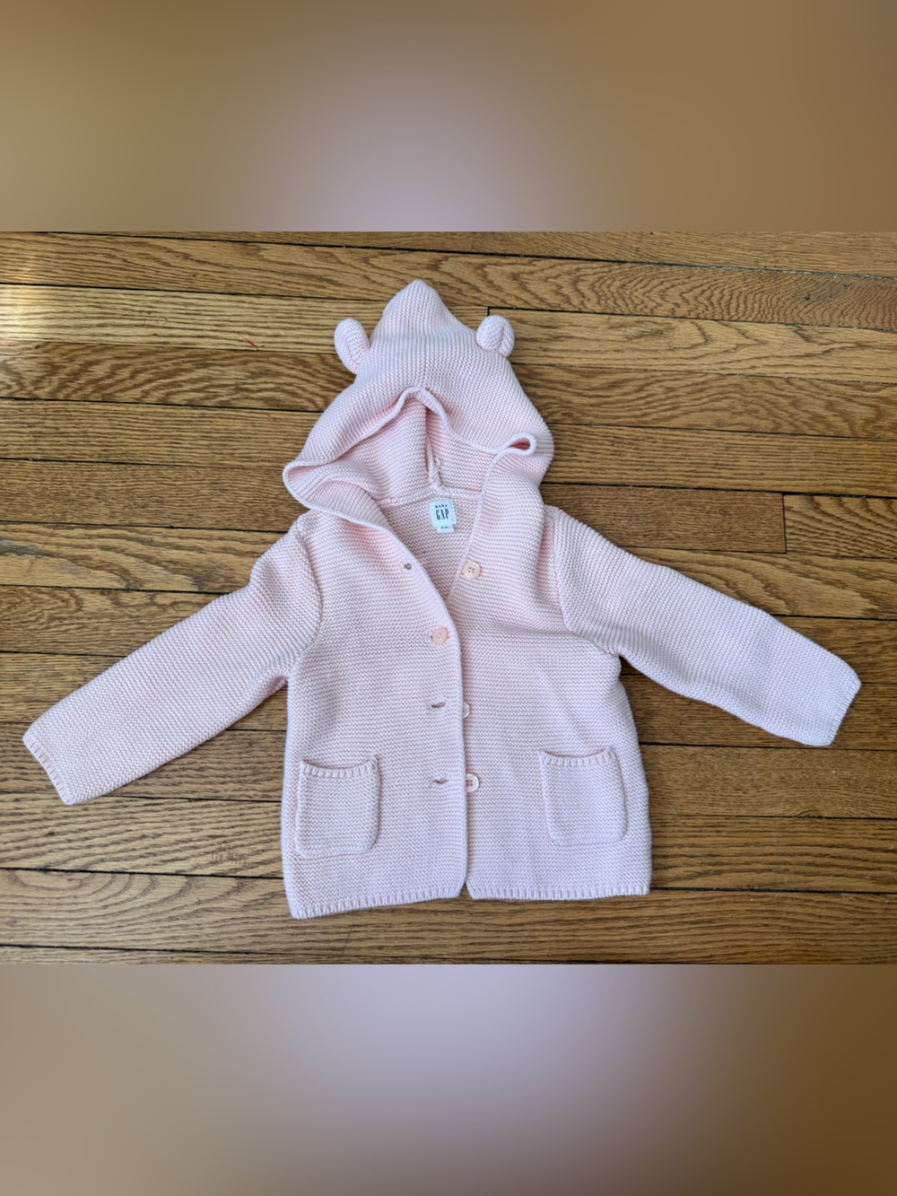 Gap Pink Hooded Knit Cardigan with Ears - Size 18-24 Months